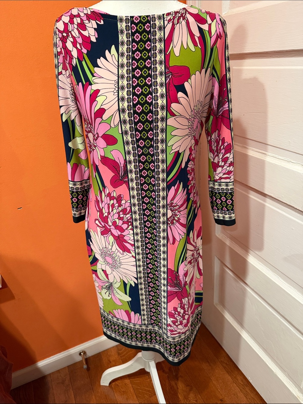 London Times Pink & Navy Floral Border-Print Midi Dress